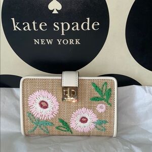 Kate Spade Floral Embroidered Tan and White Wallet